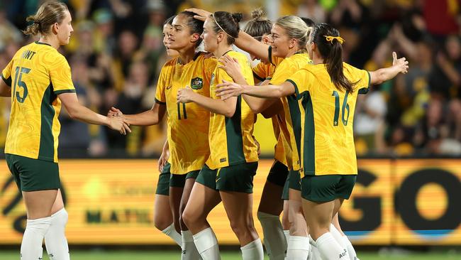 Mary Fowler celebrates after scoring against Chinese Taipei. Picture: Paul Kane/Getty Images