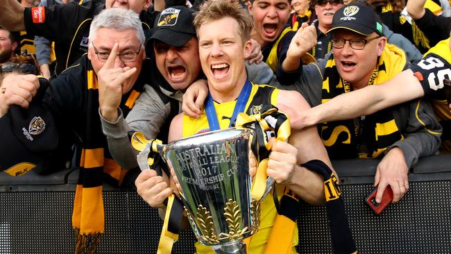 Jack Riewoldt celebrates the Tigers’ win with fans. Picture: Getty Images