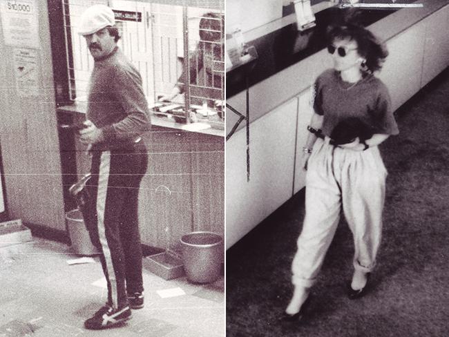 Left, a trackie-dak bandit in a flat cap robs a Preston TAB in 1980. Right, a woman who was part of a gang of con artists who robbed $250,000 from bank accounts, pictured in 1991.