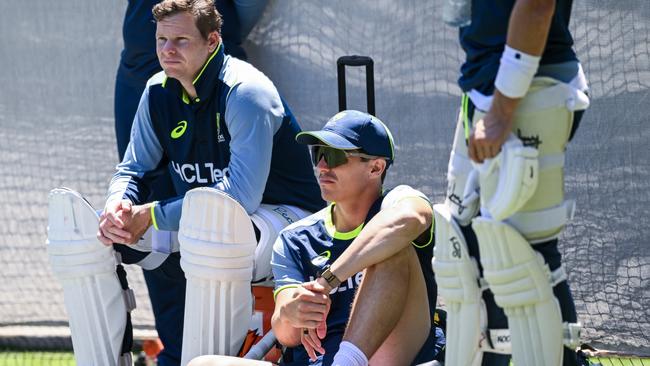 Star batter Steve Smith and captain Pat Cummins at training this week Picture: Getty Images