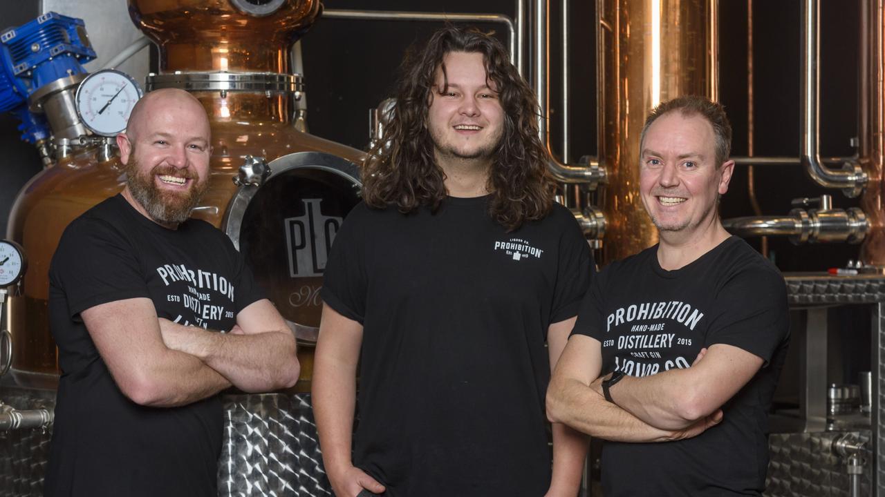 Prohibition Liquor Co. founders Adam Carpenter (right) and Wes Heddles (left), alongside head distiller Hugh Lumsden (centre). Picture: Supplied