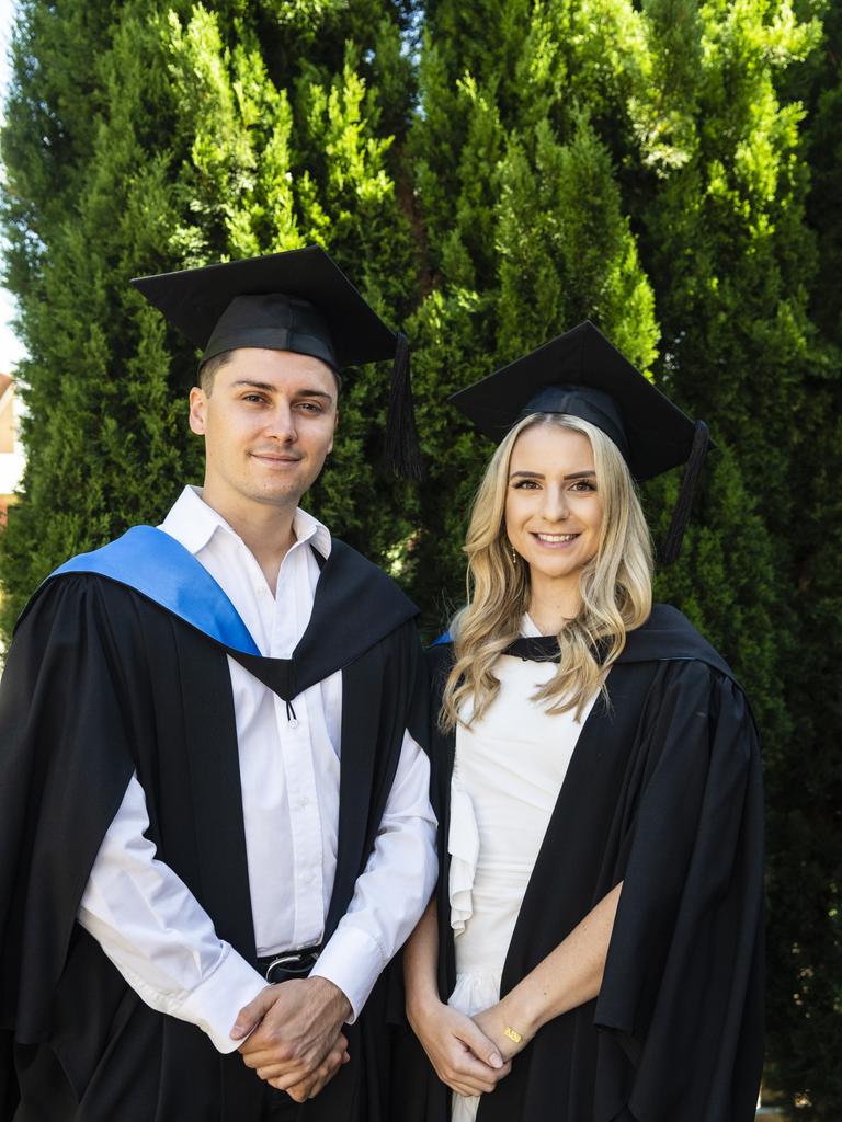 Michael Kusznir and Jessica French graduate with a Bachelor of Paramedicine at the UniSQ graduation ceremony at Empire Theatres, Wednesday, December 14, 2022.