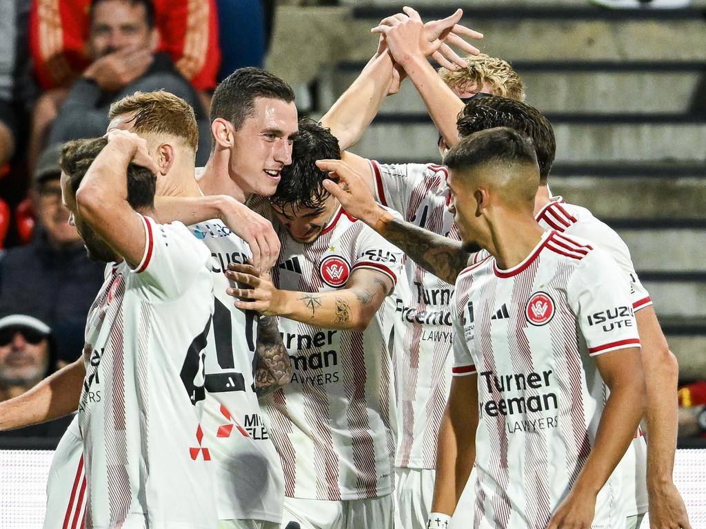 Bozhidar Kraev celebrates with his Wanderers teammates. Picture: Getty Images