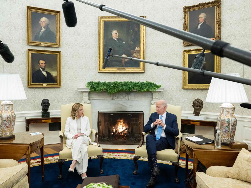 US President Joe Biden meets with Italian Prime Minister Giorgia Meloni in the Oval Office of the White House. Picture: AFP