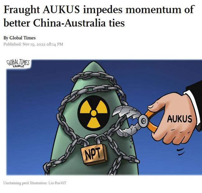 The Global Times branded the AUKUS deal a ‘clear threat’. Picture: Global Times