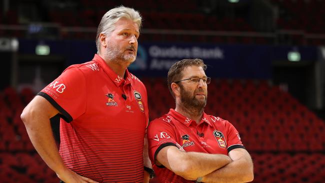 Scott Roth (left) and Trevor Gleeson of the Wildcats look on during game three of the NBL Grand Final series between the Sydney Kings and Perth Wildcats at Qudos Bank Arena on March 15, 2020 in Sydney, Australia. (Photo by Paul Kane/Getty Images)