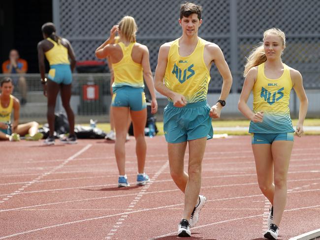 Australian Athletics members Rhydian Cowley and Katie Hayward training at Barlow Park before the IAAF World Athletics Championships PICTURE: ANNA ROGERS