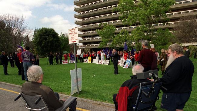 Patients have fiercely defended the Julia Farr Centre for decades, pictured here protesting state government attempt to relocate a specialist brain injury unit in 2000.