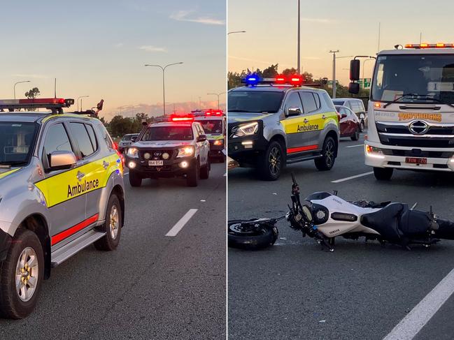 Two patients are being assessed after a vehicle and motorcycle crash, northbound on the Pacific Motorway. Picture: QAS Twitter