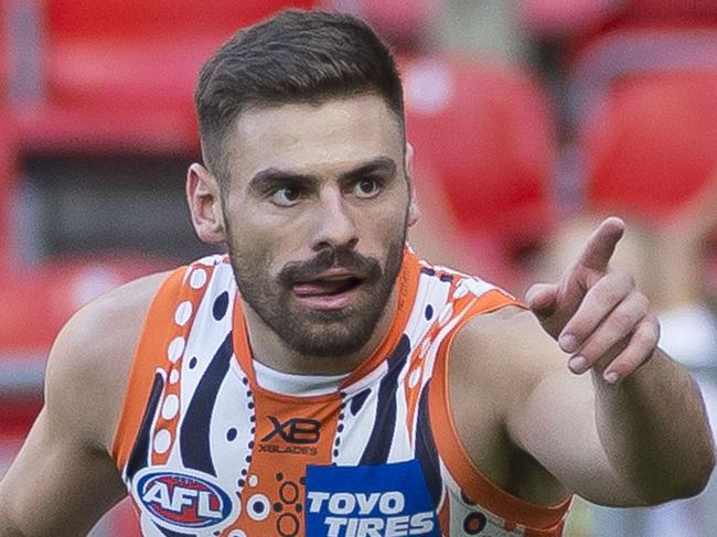 Stephen Coniglio of the Giants celebrates after scoring during the Round 11 AFL match between the GWS Giants and the Gold Coast Suns at the Sydney Showground Stadium in Sydney, Saturday, June 1, 2019. (AAP Image/Craig Golding) NO ARCHIVING, EDITORIAL USE ONLY