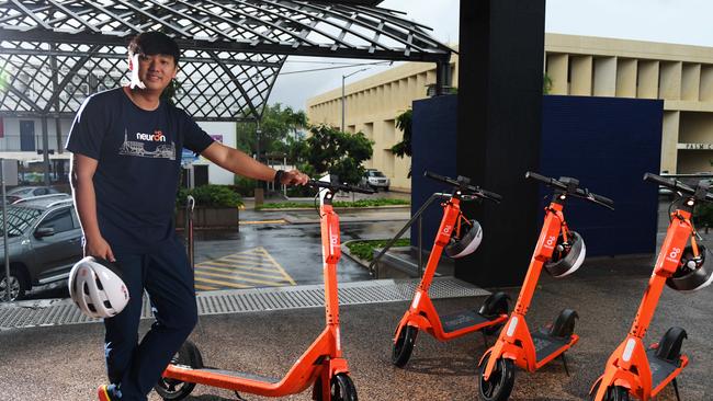 Neuron Mobility chief executive Zachary Wang with e-scooters. Picture: Che Chorley