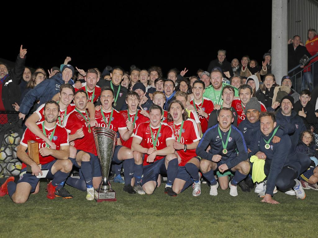 Lokoseljac Cup Final at KGV. Devonport Strikers versus South Hobart. South Hobart celebrate winning the Lakoseljac Cup final against Devonport. Picture: PATRICK GEE