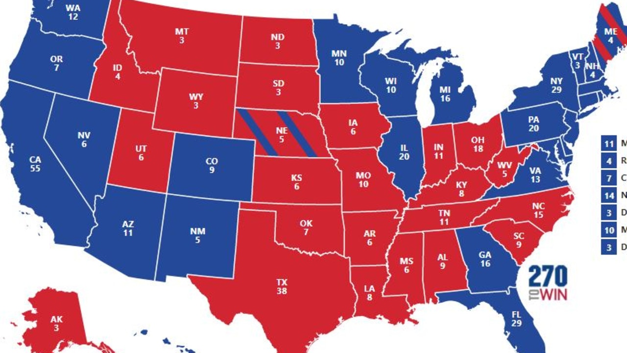 This map shows Biden with a lead of 335 electoral votes to Trump’s 203. Picture: 270 to Win