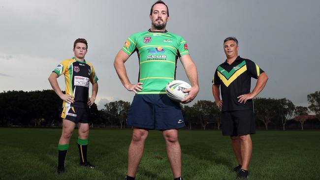 Helensvale Hornets captain-coach Matt Steley (centre) with rising star Ashton Court (left) and club vice president Damien Knox (right). Picture: Richard Gosling