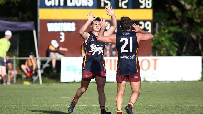 Lions' Tom Lindenmayer and Charlie O'Neill celebrate a goal. Picture: Brendan Radke