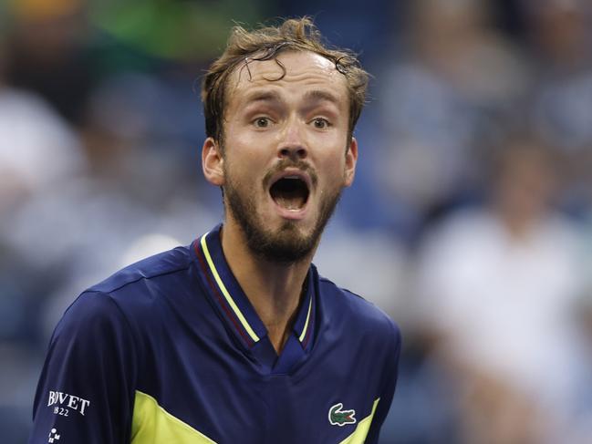 NEW YORK, NEW YORK - SEPTEMBER 04: Daniil Medvedev of Russia reacts against Alex de Minaur of Australia during their Men's Singles Fourth Round match on Day Eight of the 2023 US Open at the USTA Billie Jean King National Tennis Center on September 04, 2023 in the Flushing neighborhood of the Queens borough of New York City. (Photo by Sarah Stier/Getty Images)