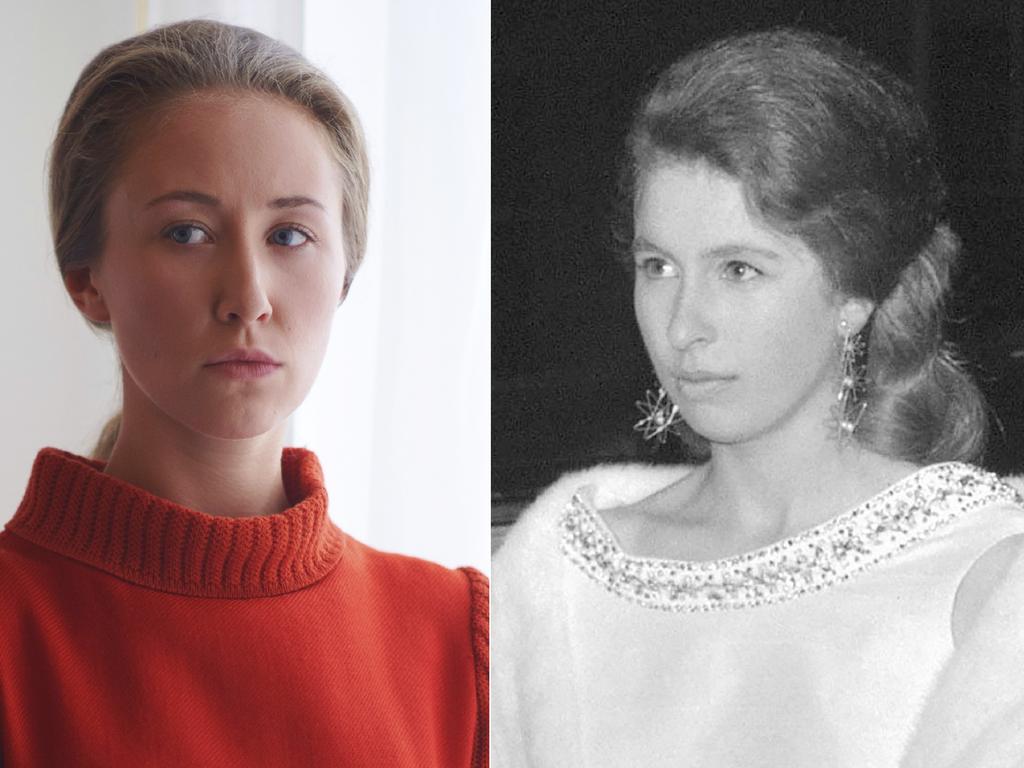 Erin Doherty portraying Princess Anne in a scene from the third season of The Crown and Princess Anne arriving at the Royal Opera House in London in 1968. Pictures: Netflix, AP