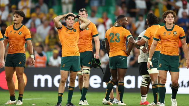 Ben Donaldson and his Wallabies teammates after their shock loss to Fiji. Picture: Chris Hyde/Getty Images