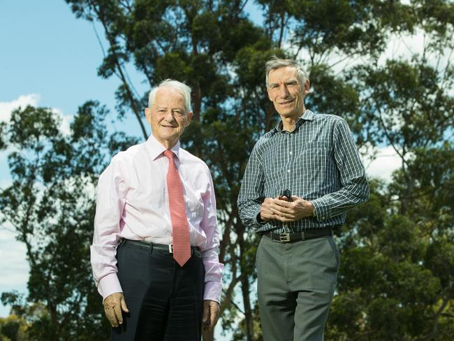 Philip Ruddock and Cheltenham Beecroft Alliance representative Ross Walker in Ruddock Park Westleigh. Picture: AAP Image/Julian Andrews