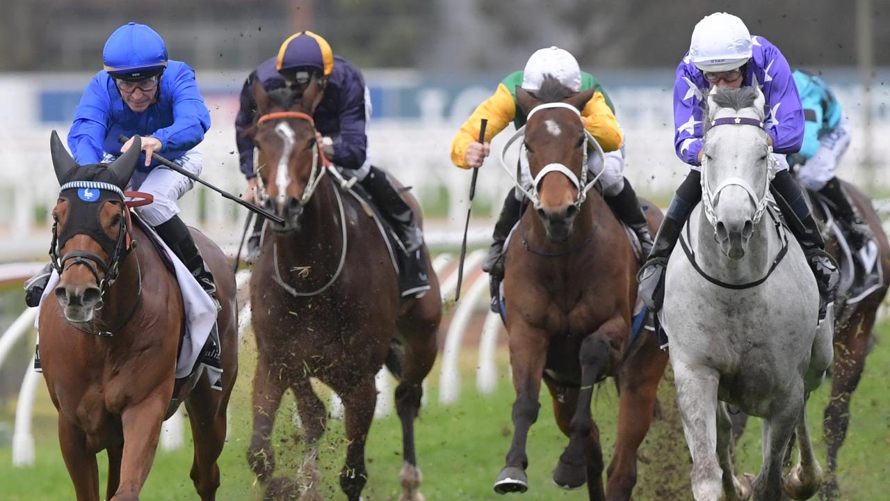 Home Of The Brave (left) has been well backed to win the Hall Mark Stakes. Picture: AAP 