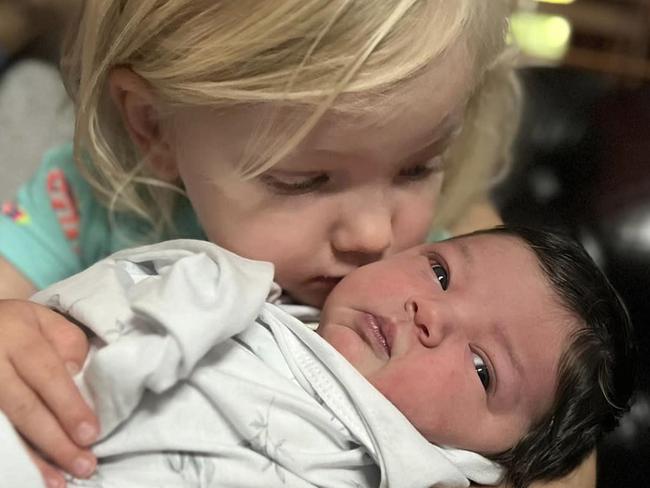 Mia Riley, 5 weeks old, who was killed in an horrific incident at Moruya involving two rottweilers. Pictured with her older sister Layla (Blonde hair) Picture: Facebook https://www.facebook.com/photo/?fbid=666526698505603&set=pb.100054448360879.-2207520000.