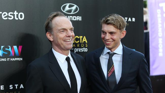 Hugo Weaving and his son Harry Greenwood in 2015. Picture: Richard Dobson