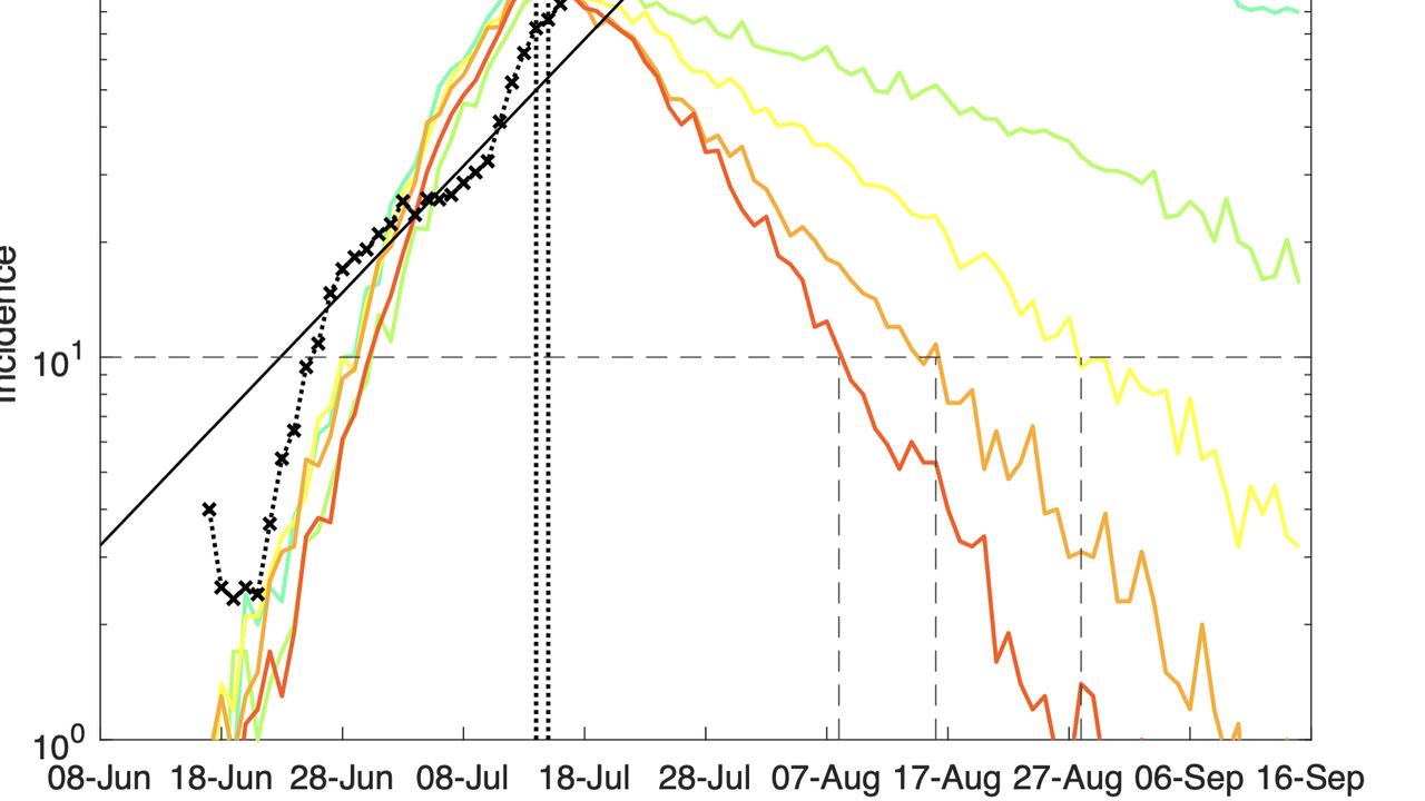 Levels of social distancing needed to see a drop off in case numbers over time. The orange line shows 90 per cent, light orange shows 80 per cent, yellow shows 70 per cent and green shows 60 per cent. Credit: Professor Mikhail Prokopenko.