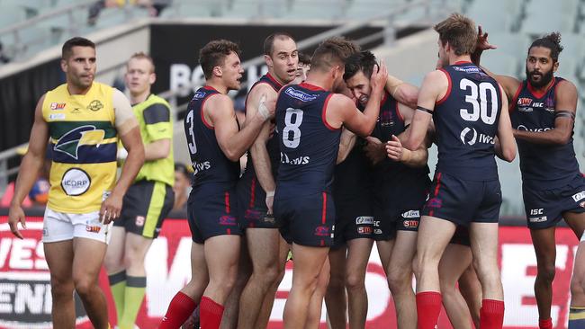 Norwood players celebrate a Matthew Panos goal in the second semi-final win. Picture Sarah Reed