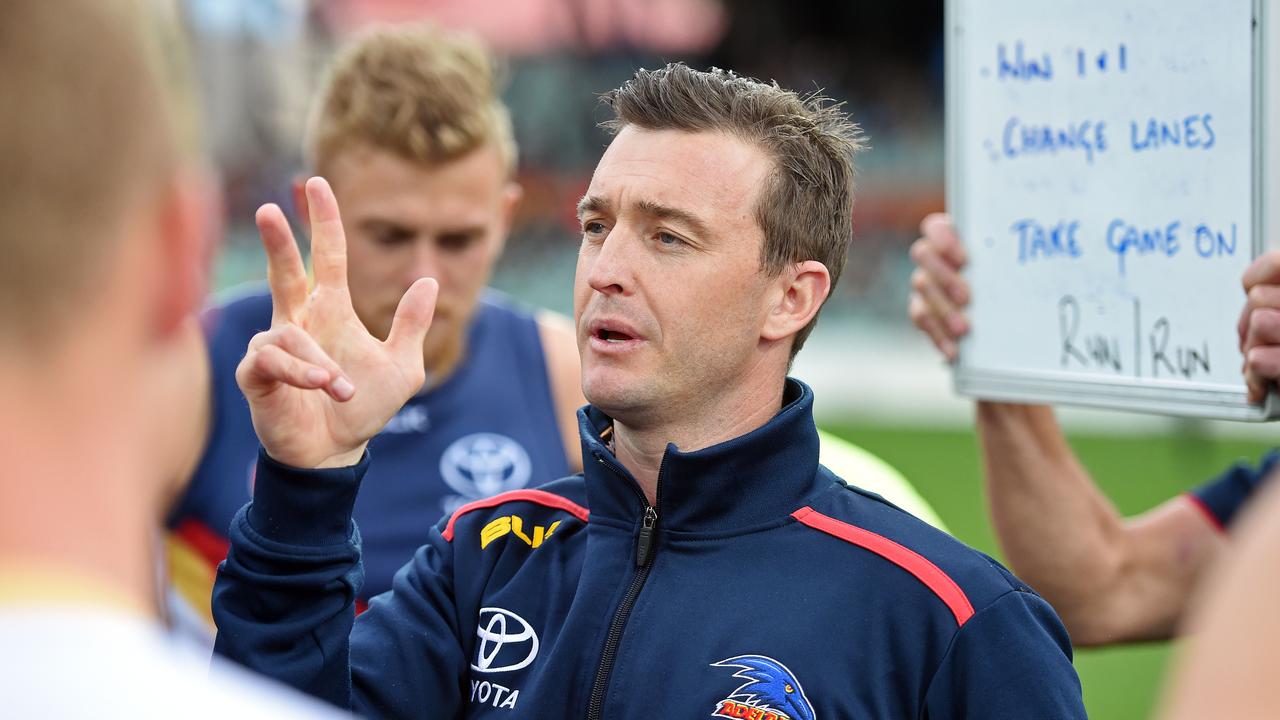 18/09/1 - Adelaide Crows v Sturt. Sanfl Preliminary final at Adelaide Oval.  Adelaide Crows v Sturt.  Crows coach Heath Younie addresses his team at three-quarter time.Photo Tom Huntley