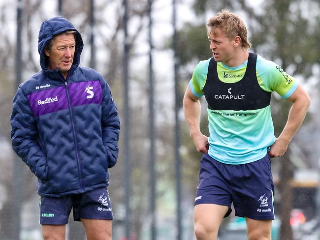 Melbourne Storm coach Craig Bellamy talks with Tyran Wishart at training. Picture: Ian Currie