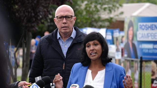 Peter Dutton and the Liberal Party candidate for Aston Roshena Campbell are seen in Lysterfield Primary School on by-election day. Picture: NCA NewsWire / Luis Ascui