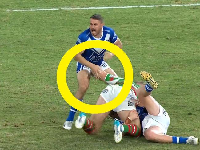 Not how Josh Reynolds expected his tackle to go. Photo: Fox League.