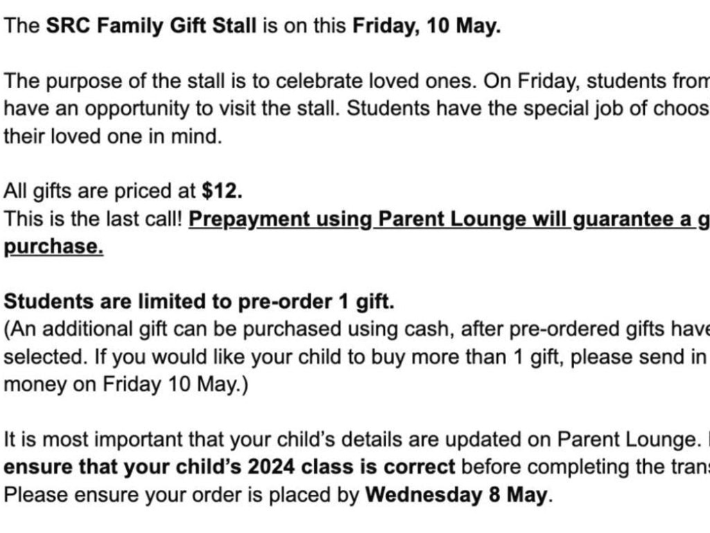 Parents were sent an email notifying them about the ‘Family Gift Stall’. Picture: Daily Telegraph