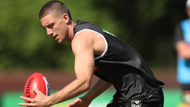 MELBOURNE, AUSTRALIA - NOVEMBER 18: Darcy Cameron of the Magpies in action during the Collingwood Magpies training session at Olympic Park Oval on November 18, 2019 in Melbourne, Australia. (Photo by Michael Willson/AFL Photos via Getty Images)