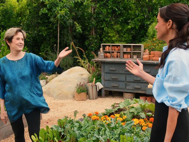 Alice Waters and Meghan rambling around the garden. In the house that does not actually belong to Meghan, but just go with it, OK? Picture: Netflix