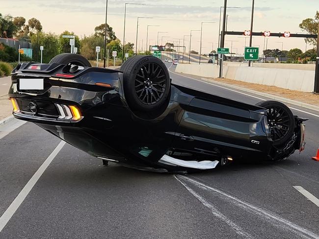 Ford Mustang ends on its roof after crash at Croydon Park. Picture: SA Police