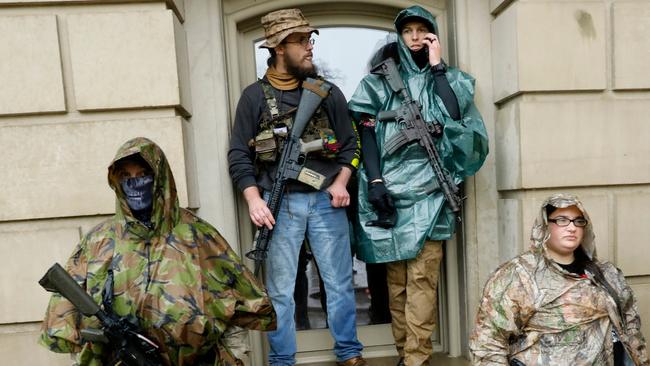 Armed demonstrators protest in Lansing, Michigan, during a rally organised to protest the coronavirus pandemic stay-at-home orders. Picture: AFP