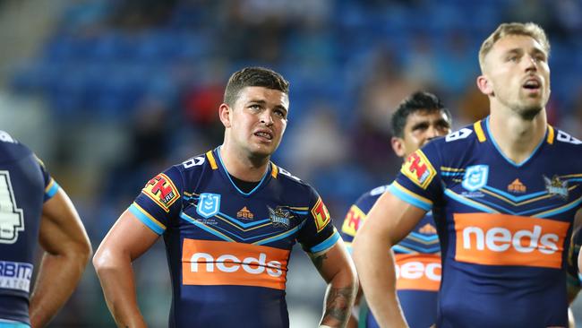 GOLD COAST, AUSTRALIA - JUNE 02: Ash Taylor and the Titans look on during the round 12 NRL match between the Gold Coast Titans and the North Queensland Cowboys at Cbus Super Stadium on June 02, 2019 in Gold Coast, Australia. (Photo by Chris Hyde/Getty Images)