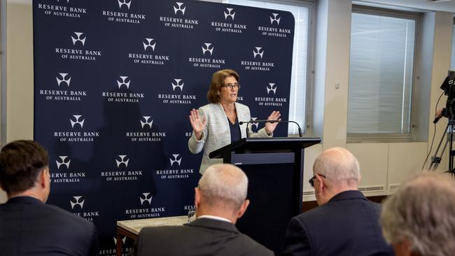 RBA governor Michele Bullock conducts a press conference – the first of what is planned to be a regular briefing. Picture: Dylan Coker