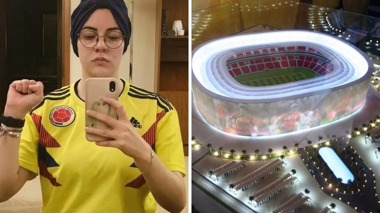 Paola Schietekat Sedas and a photo of the Al-Rayyad Stadium in Qatar. Photo: Supplied, Osama Faisal, AP.