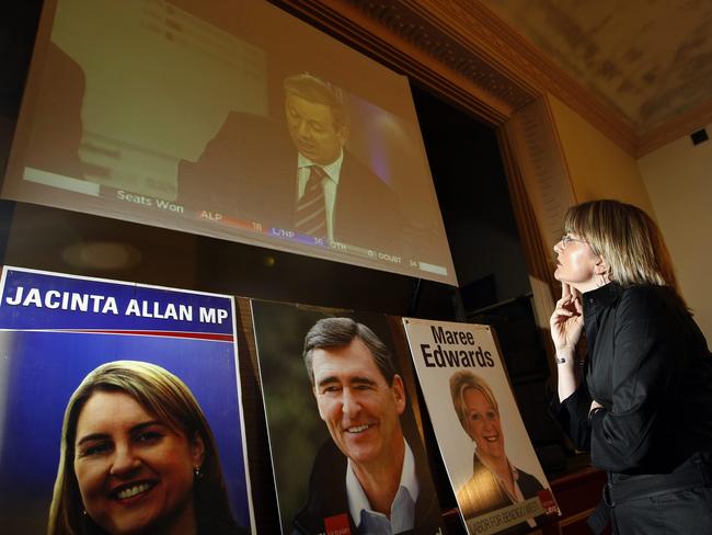 2010 State Election. Jacinta Allan watches the Election coverage at the Bendigo Trades Hall Centre.