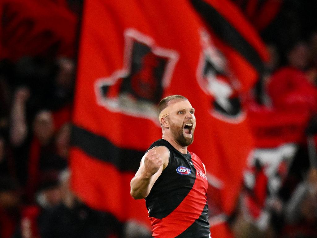 Jake Stringer celebrates in front of the Essendon faithful. Picture: Morgan Hancock/AFL Photos