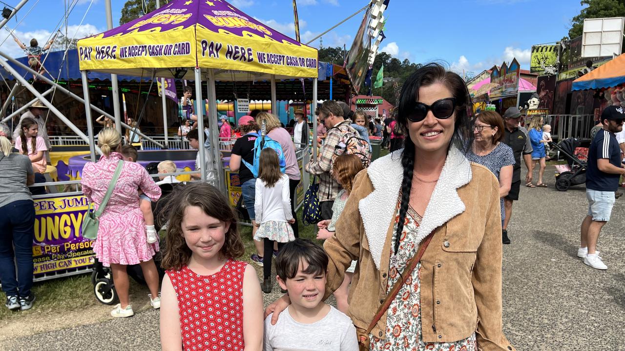 Jaylee Russell, Talhia Russell and Ollie Russell (left to right) making the most of the sunshine at the Murwilliumbah Show. Picture: David Bonaddio