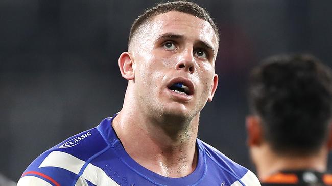 SYDNEY, AUSTRALIA - JUNE 28: Adam Elliott of the Bulldogs looks dejected after a Tigers try during the round seven NRL match between the Canterbury Bulldogs and the Wests Tigers at Bankwest Stadium on June 28, 2020 in Sydney, Australia. (Photo by Mark Kolbe/Getty Images)