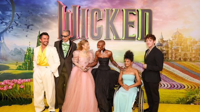 Jonathan Bailey, Jeff Goldblum, Ariana Grande, Cynthia Erivo, Marissa Bode and Ethan Slater attend the Australian premiere of Wicked at State Theatre on November 3. Picture: Caroline McCredie