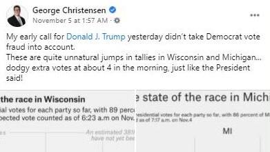 Mr Christensen posted to Facebook on Thursday that his prediction President Trump would win “didn’t take Democrat vote fraud into account”.