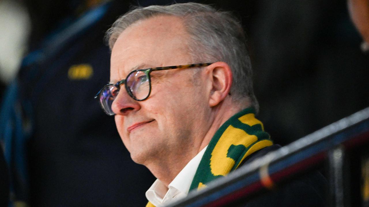 Australia's Prime Minister Anthony Albanese is seen in the stands at the semi-final match between Australia and England at Stadium Australia in Sydney. Picture: AFP