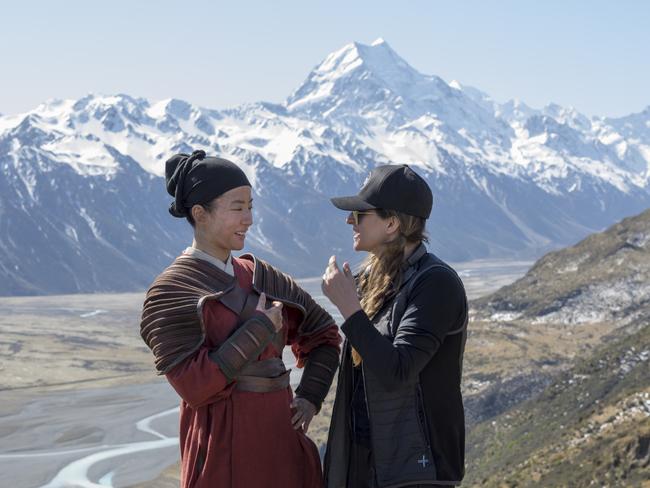 Yifei Liu on the set of Mulan with director Niki Caro. Picture: Jasin Boland/Disney