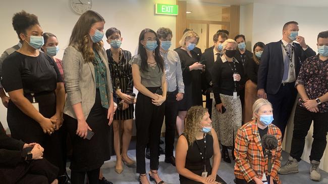 Labor and Greens staffers hold their sit in in the meditation room in Parliament House today.