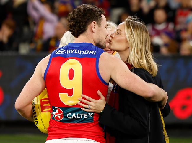 Lachie Neale with wife Jules before his 250th match in April this year. Picture: AFL Photos via Getty Images